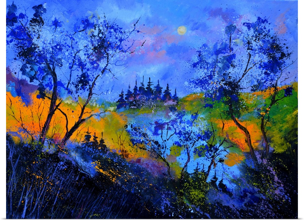 Vibrant painting in blue tones of  trees, a colorful sky, and rolling hills in the distance.