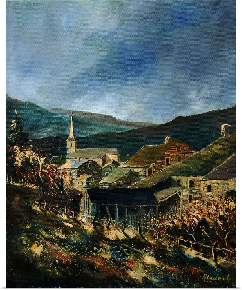A vertical painting of the the village of Agimont in Belgium.