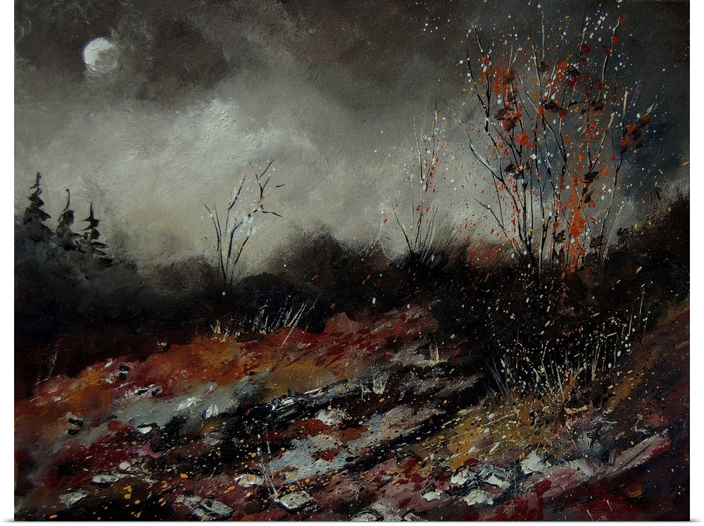 Horizontal painting of a moonlit countryside.
