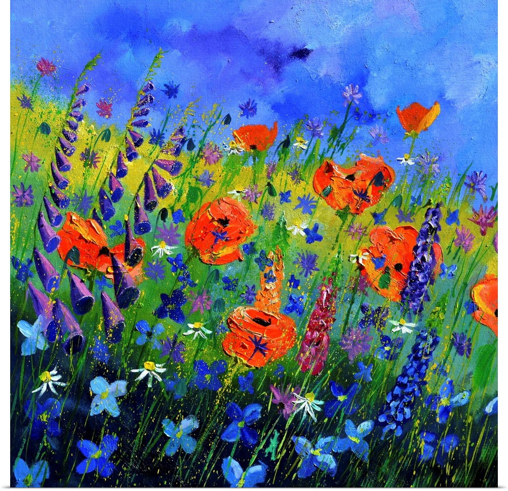 Square painting of colorful flowers in a garden and a bright blue sky with small speckles of paint overlapping.