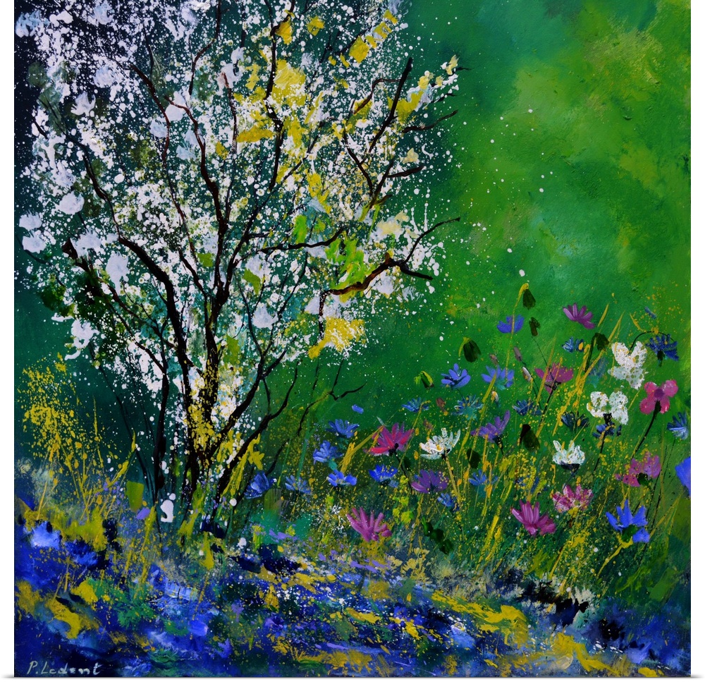 Square painting of colorful Spring wildflowers and a tree with white blossoms in an abstract style.