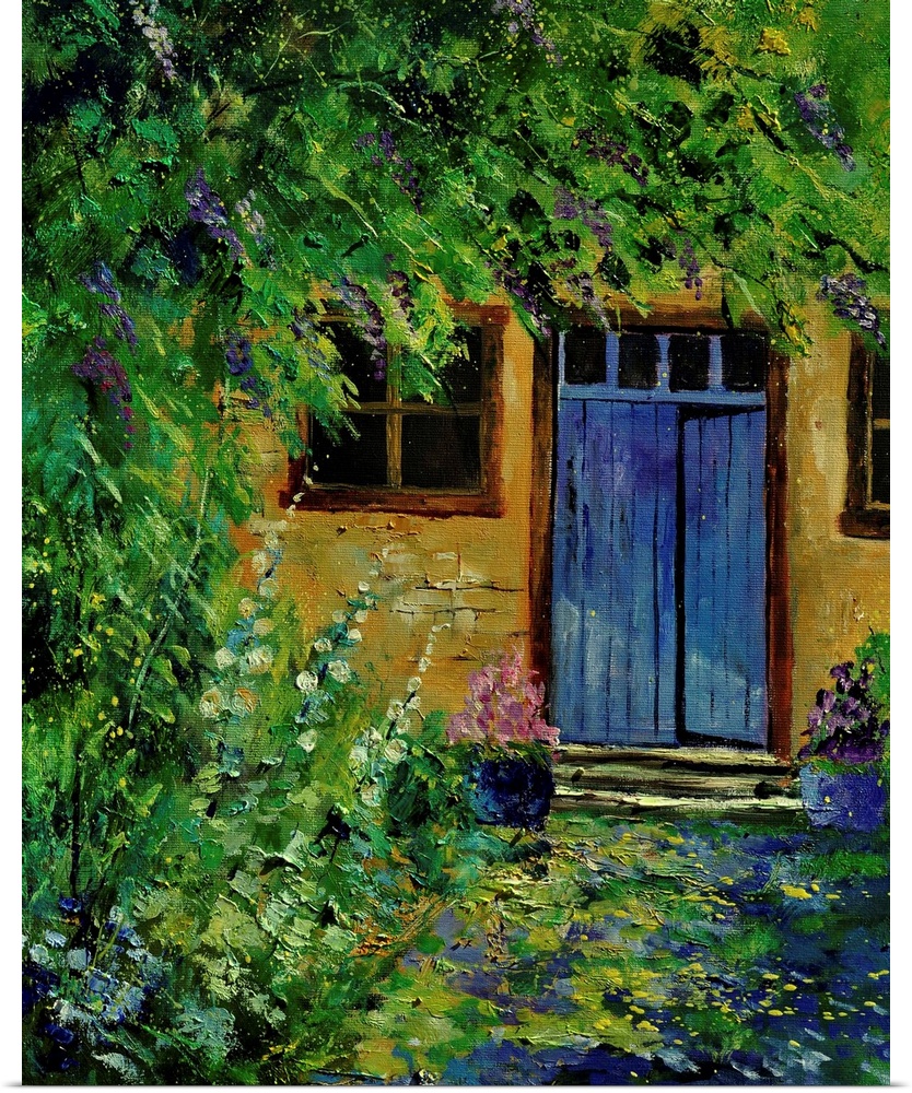 Painting of a blue door to a building surrounded by a overgrown garden.
