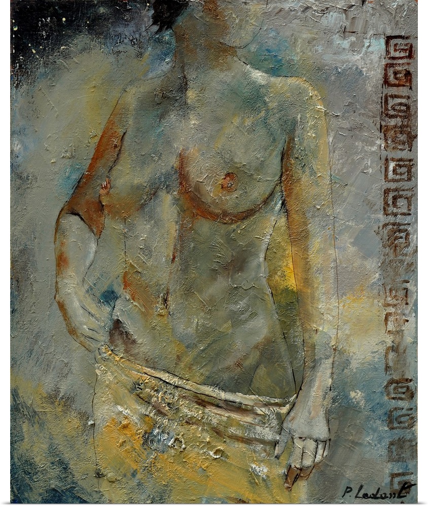 A painting of a nude woman looking over her shoulder while holding a cloth to her waist, done in textured neutral tones.