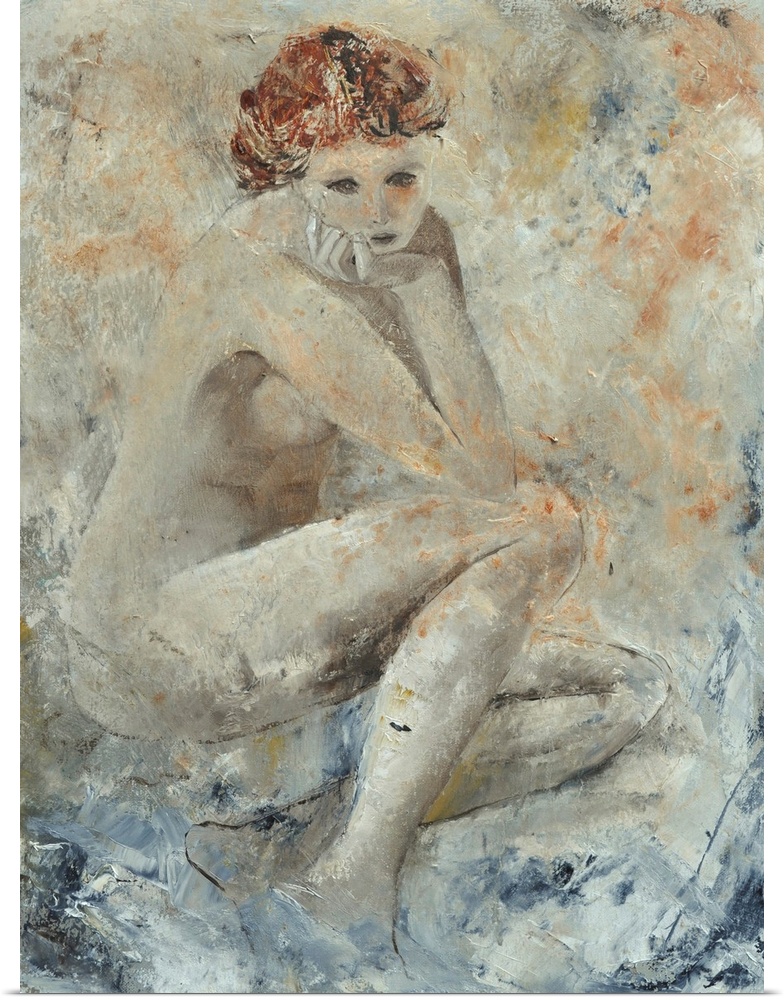 A portrait of a nude woman resting her chin on her hand as she sits, done in textured neutral tones.