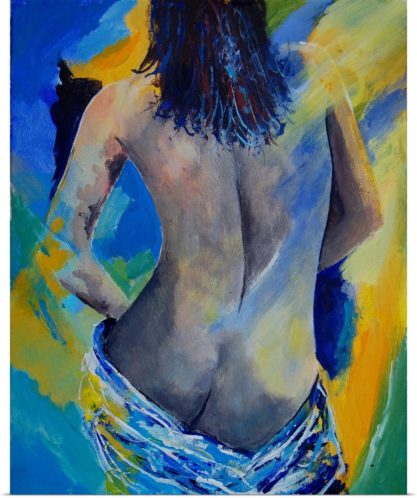 A nude painting of the back of a woman draped in a white cloth in textured colors of blue and yellow.