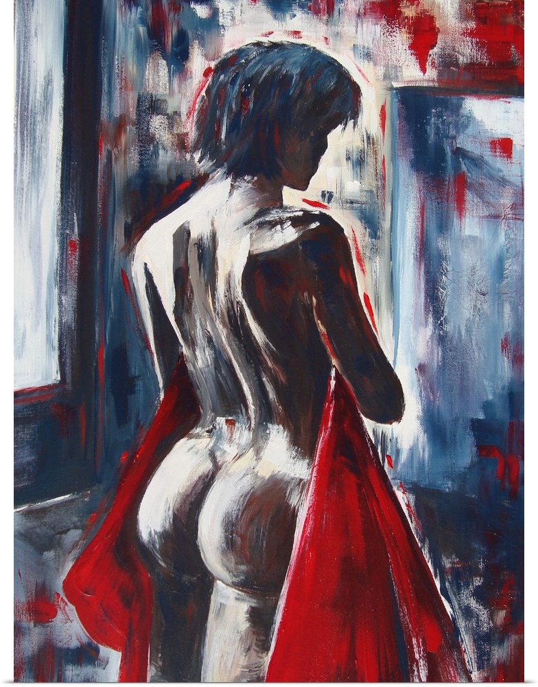A nude painting of the back of a woman holding a red cloth to her front.