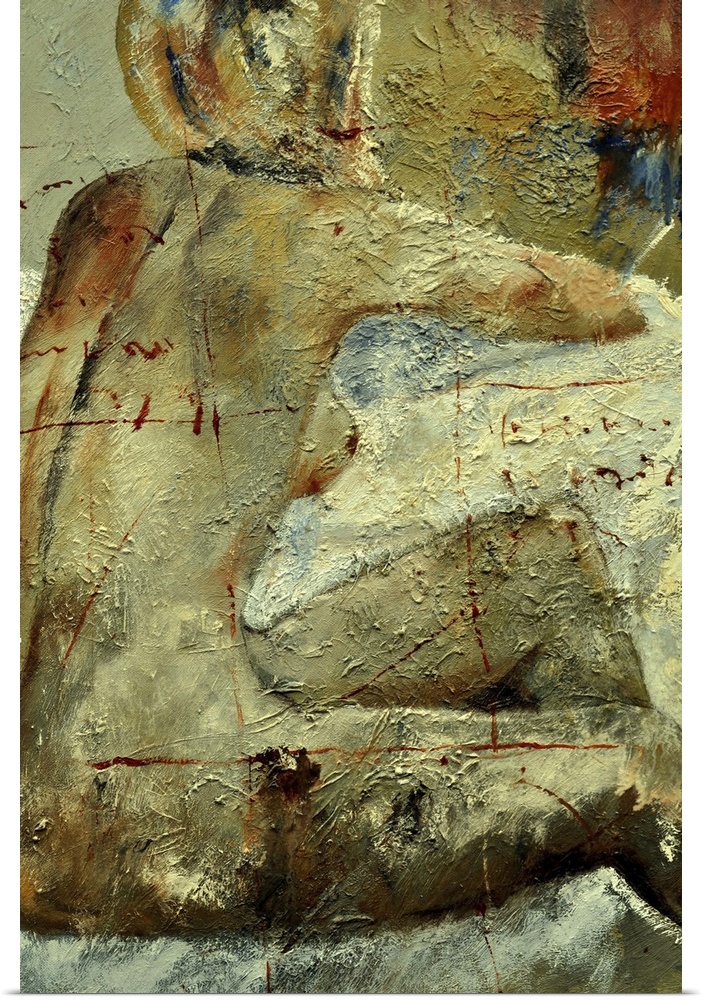 A nude painting of the back of a woman sitting in textured neutral colors and red accents.