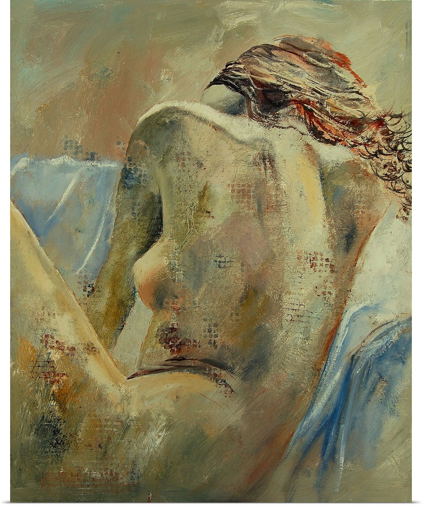A nude portrait of a woman sitting, facing away, painted in textured neutral colors with blue accents.