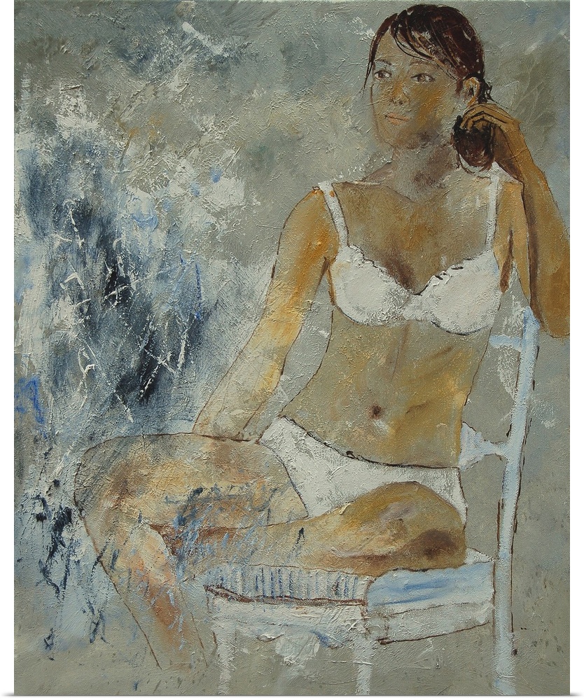 A painting of a woman wearing white lingerie sitting in a chair done in textured neutral tones.