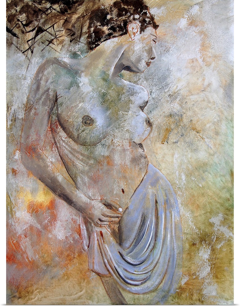 A nude painting of a woman holding a cloth to her waist in textured neutral colors and red accents.