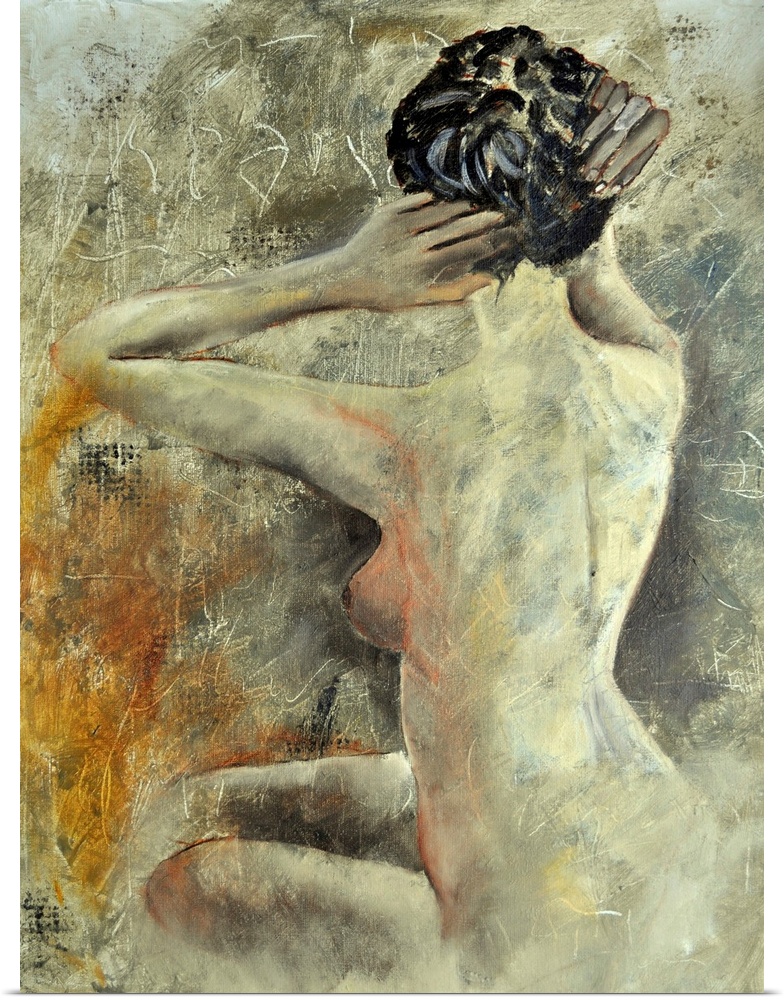 A painting of a nude woman adjusting her hair, with her back towards the viewer, done in textured neutral tones.