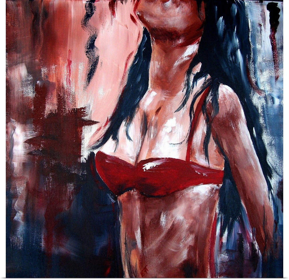 A horizontal painting of the body of a woman from the neck down, wearing a red bikini.