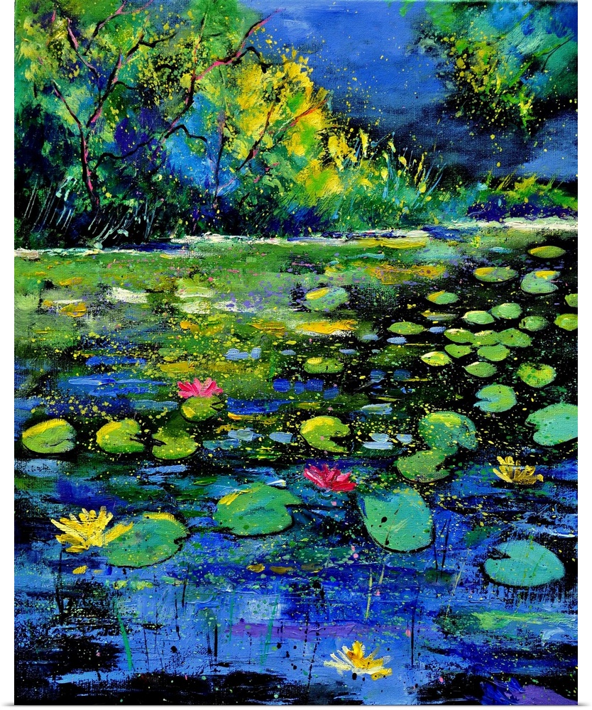 Vertical painting of a pond with water lilies and small speckles of paint overlapping.