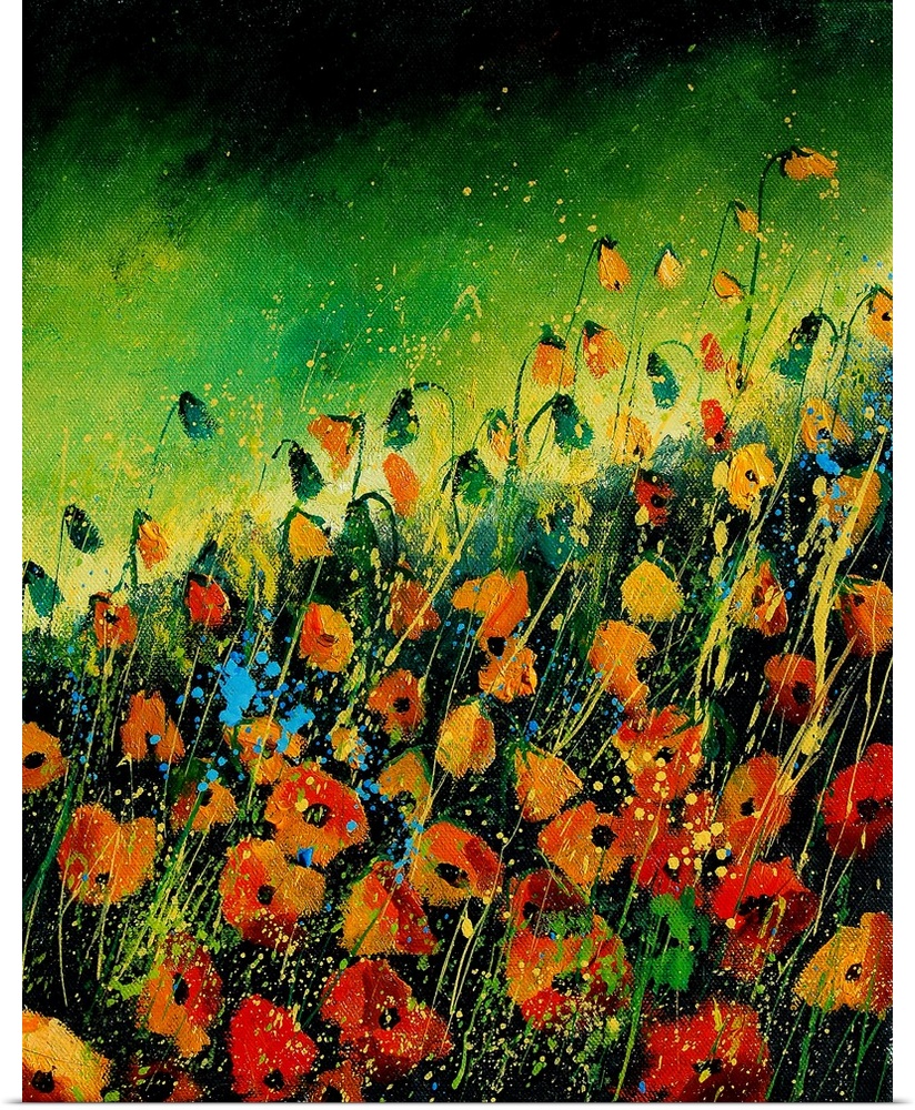Vertical painting of a field of orange poppies with splatters of multi-color paint overlapping the image.