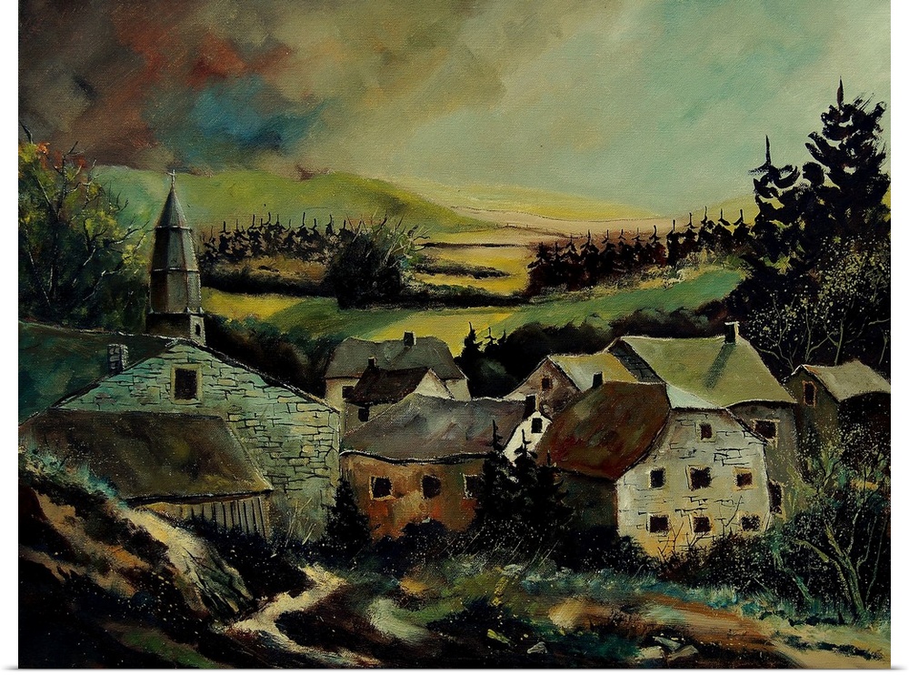 A low pitched painting of a village in Belgium.