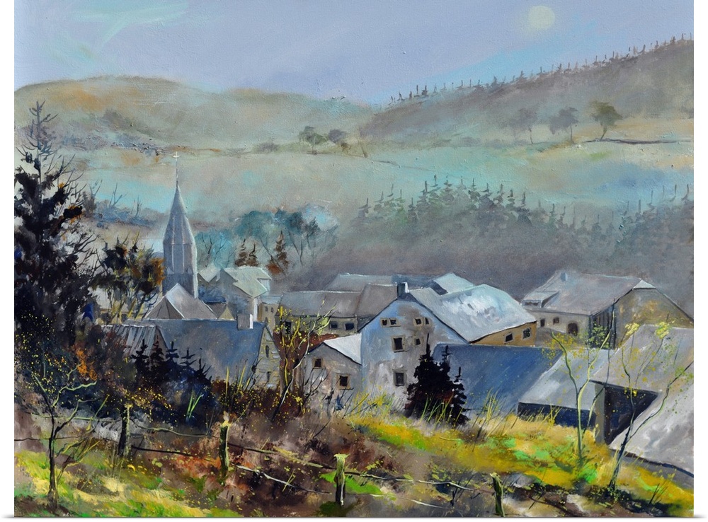 Horizontal painting of an overcast day with a village surrounded by fog and mountains in the distance.