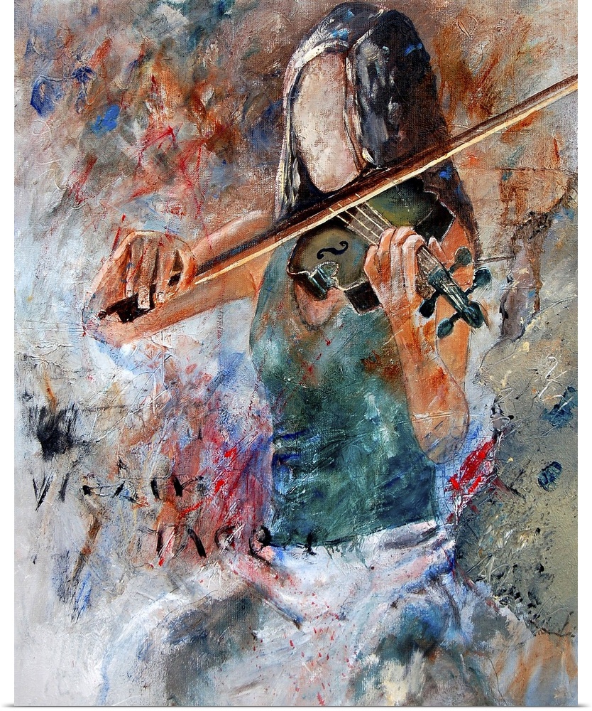 A portrait of a woman playing a violin done in textured paint.