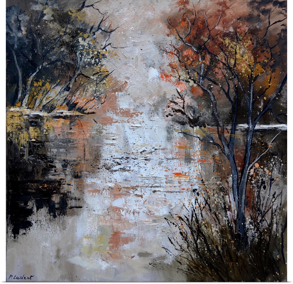 Abstract painting of a reflecting pond on an Autumn day lined with trees.