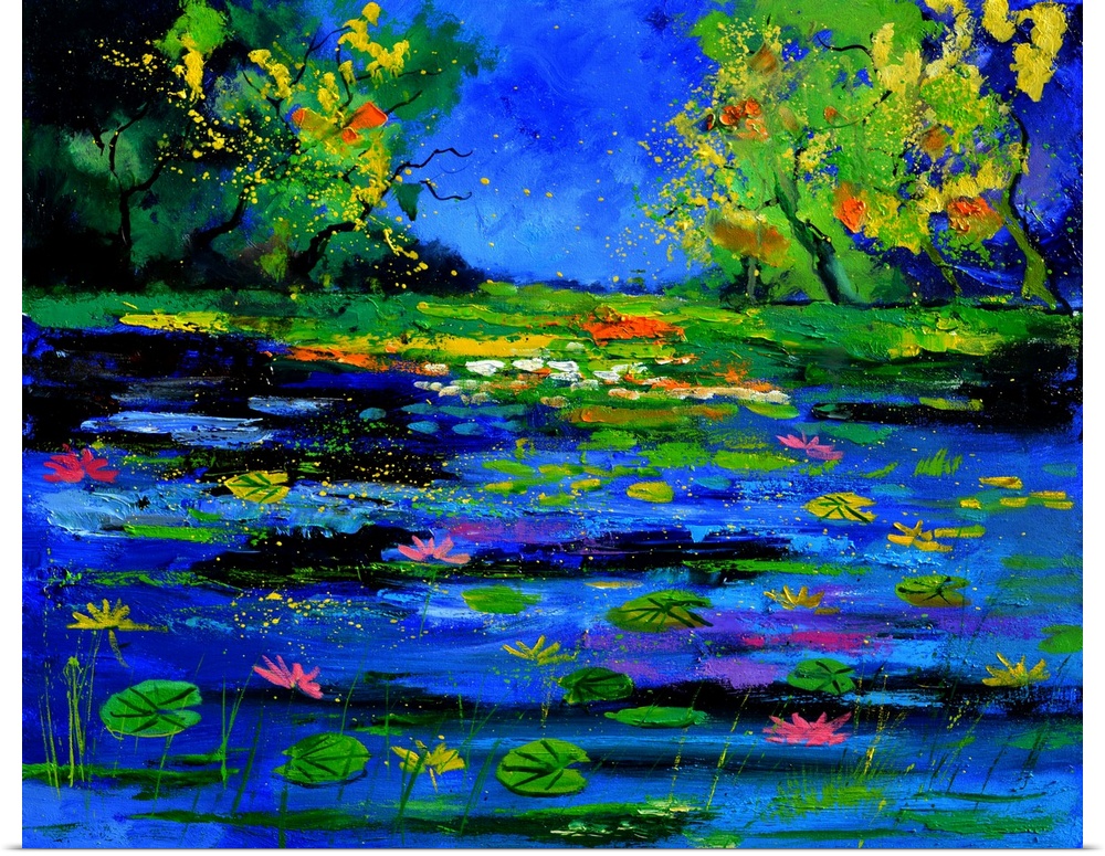 Painting of a pond full of water lilies with flower blooms and small speckles of paint overlapping.
