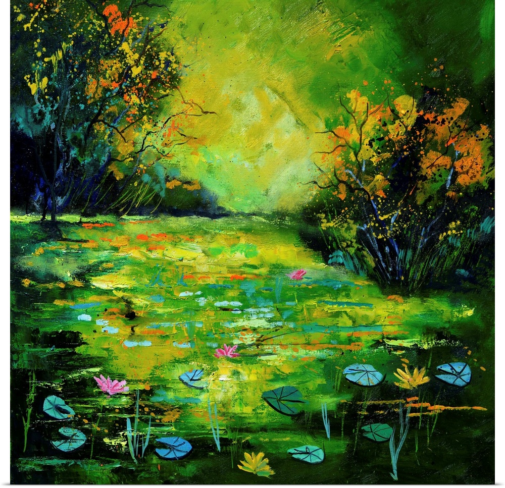 Square painting of a pond scene with blue and green water lilies as well as flower blooms and small speckles of paint over...