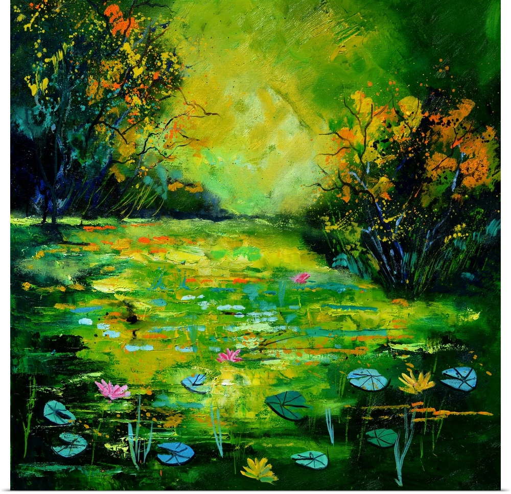 Square painting of a pond full of water lilies with flower blooms and small speckles of paint overlapping.