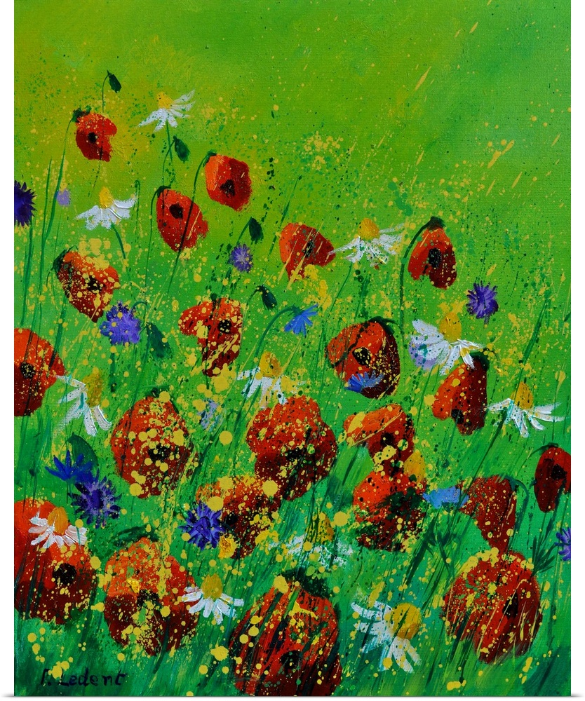 Vertical painting of colorful flowers in a field with small speckles of paint overlapping.