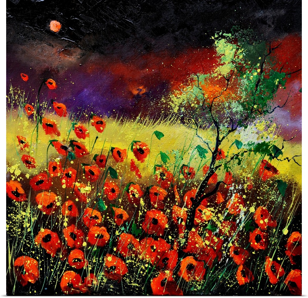 Vibrant painting of red poppies in a filed with a dark, red sky in the distance.