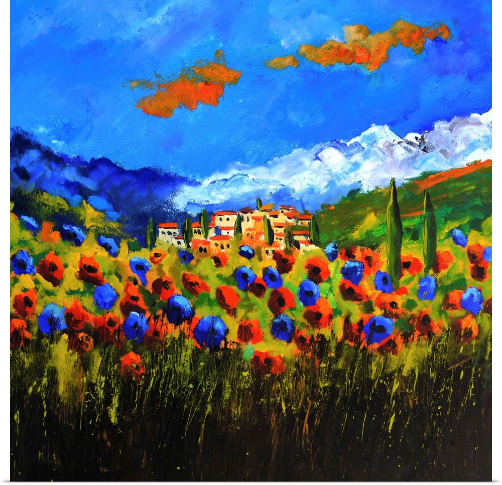 Vibrant painting of a bright Summer day with blossoming poppies, a colorful sky, and the village of Tuscany in the distance.