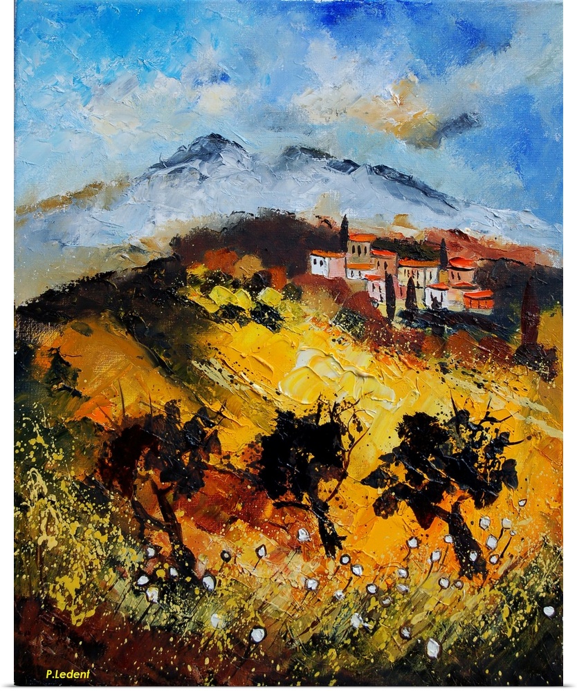 Landscape painting of the castle in Provence, France.