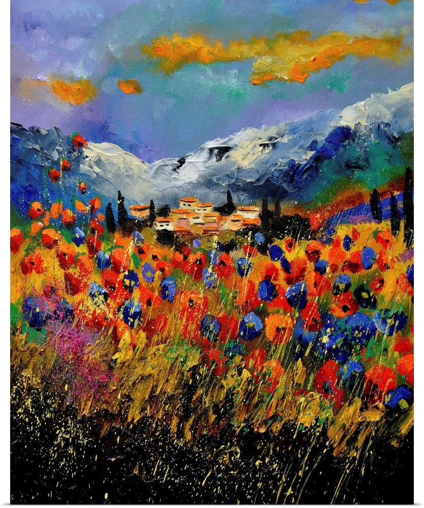 A field of vivid wild flowers among the grass with small splatter of paint overlapping and a small village in the background.