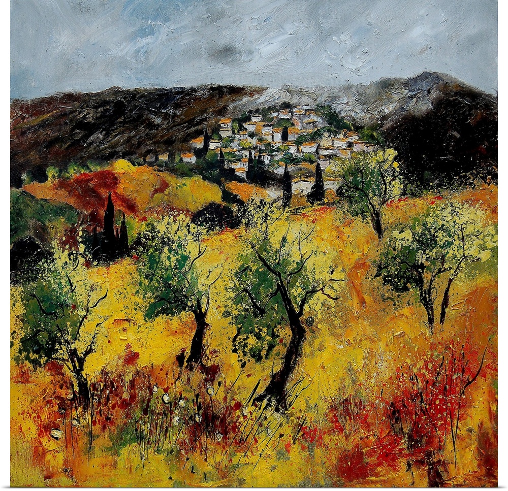 A horizontal abstract landscape of a village with muted textured colors of green, orange and yellow.