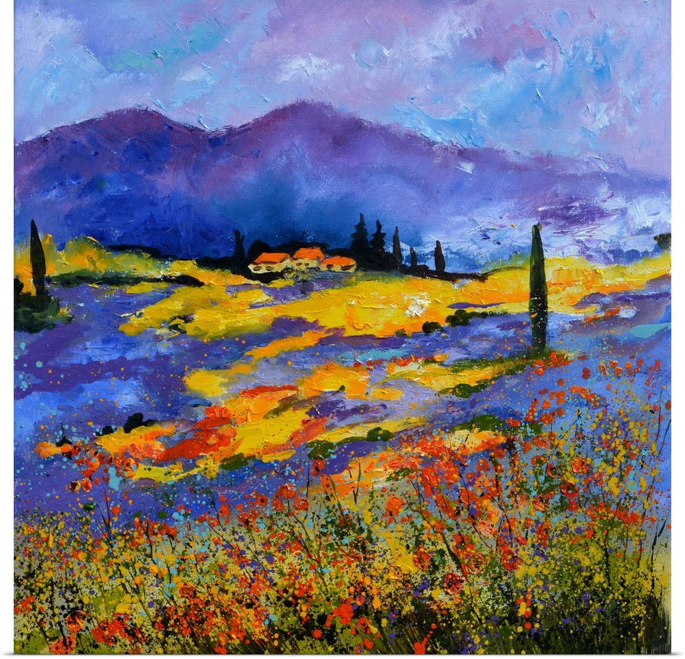 Vibrant painting of a bright Summer day with blooming flowers in a field, a colorful sky, and village of Provence in the d...