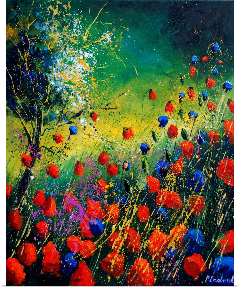 Vertical painting of a field of red and blue poppies along with a single tree with splatters of multi-color paint overlapp...