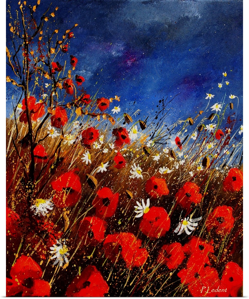 Vertical painting of a field of red poppies with splatters of multi-color paint overlapping the image.