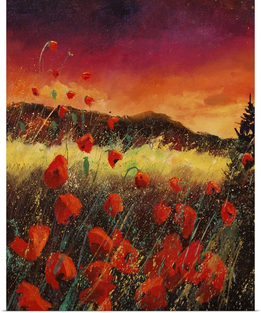 Vertical painting of an vibrant landscape with red poppies in the foreground and a bright warm sky in the background.