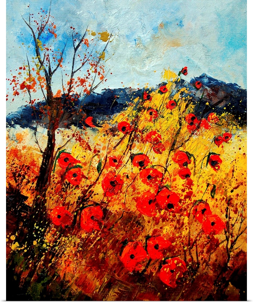 Vertical painting with a field of red poppies in the foreground and a mountain in the background.