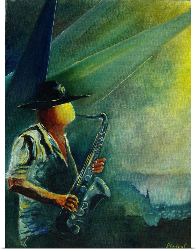 A modern painting of a person playing a saxophone with a city skyline as a backdrop.