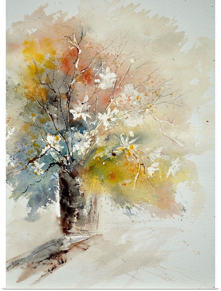 Contemporary watercolor painting of a vase of white flowers against a multi-colored backdrop.