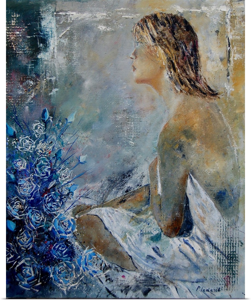 A contemporary painting of female sitting next to blue flowers.