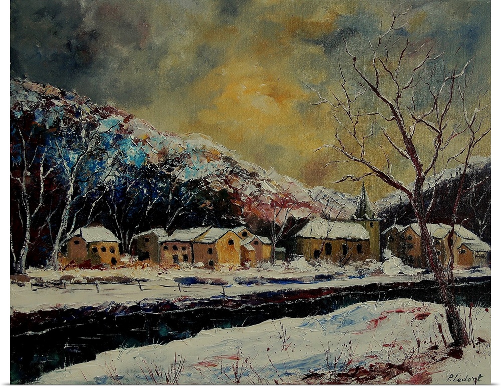 Contemporary painting of a village in Belgium covered in snow with a yellow sky.