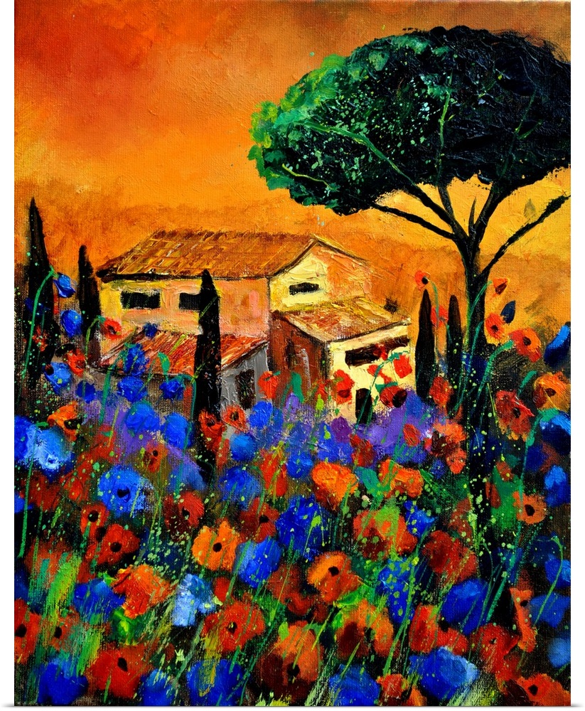 A field of vivid wild flowers among the grass with small splatter of paint overlapping and a house in the background.
