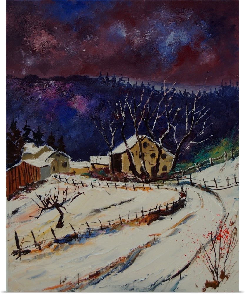 Vertical painting of a road leading to a snow covered village in Belgium in the evening.