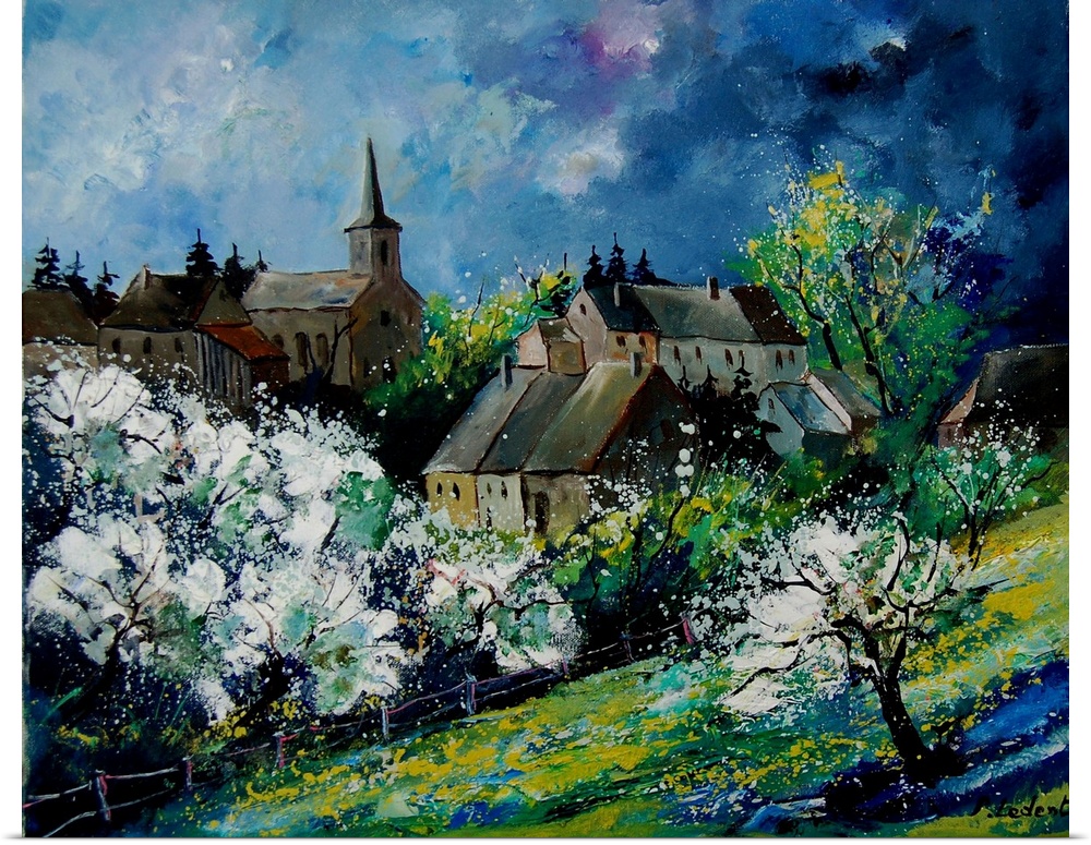A contemporary painting of a spring day in Fays Famenne, a village in the Belgian.