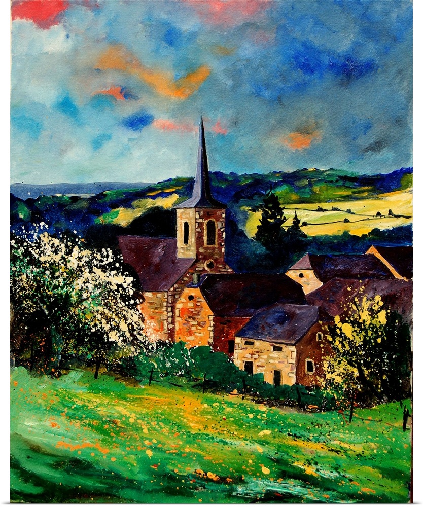 Vertical painting of a village of Gendron, Belgium in the spring time.