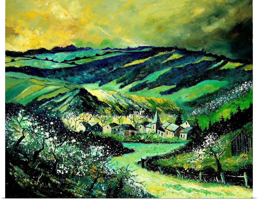 A horizontal painting in vibrant colors of green of the village of Ardennes, Belgium.