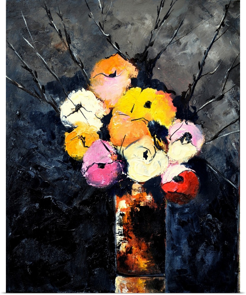 Contemporary painting of a vase of multi-colored flowers against a dark backdrop.
