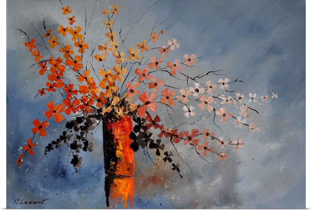 A contemporary painting of a vase of autumn colored flowers.