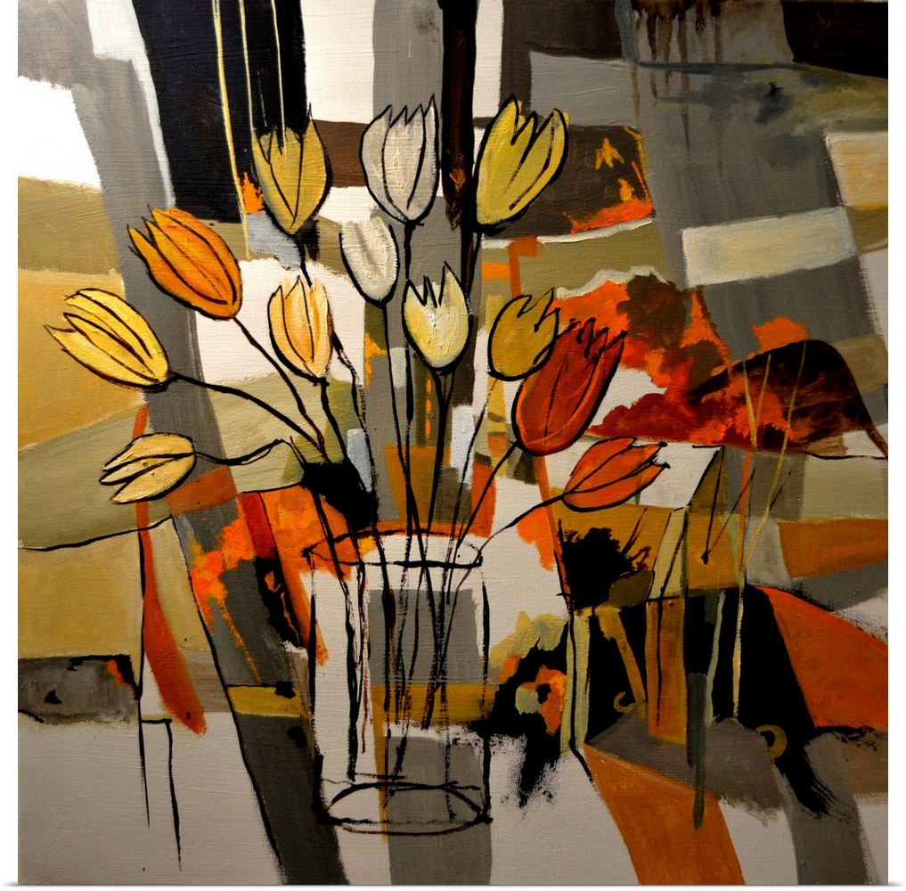 Painting done in a cubism style of a large bouquet of flowers in colors of red, orange and yellow, against a checkered bac...