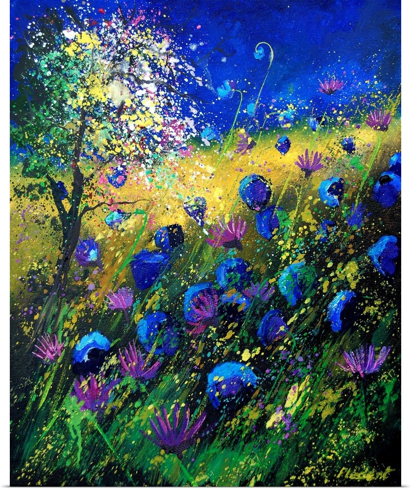 Vertical painting of a field of flowers on a summer day with splatters of multi-color paint overlapping the image.