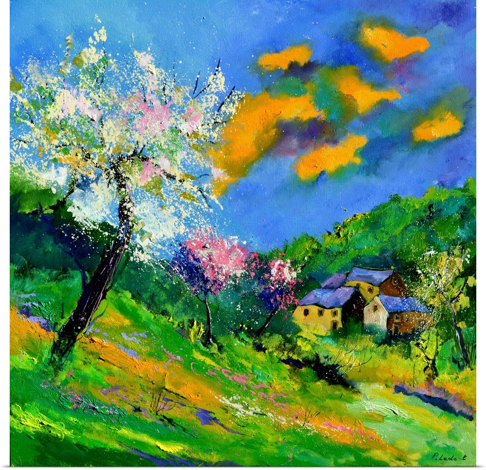 Vibrant painting of a bright Summer day with blossoming trees, a colorful sky, and a village in the distance.